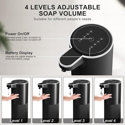 Automatic Liquid Soap Dispenser, 12.2oz/360ml Rechargeable Touchless Hand Soap Dispenser, 4 Level Adjustable with Display, Waterproof Wall Mounted Soap Dispenser for Bathroom Kitchen, Black