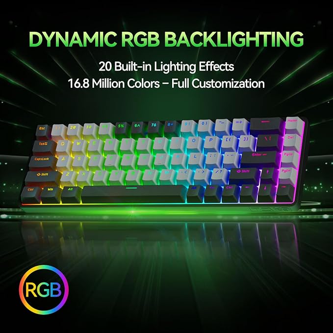 TMKB T68 60% Wireless Mechanical Gaming Keyboard, Tri-Mode BT5.0/2.4GHz/USB-C with Blue Switch, RGB Backlight, Anti-Ghosting, Compact 68 Keys, Wired/Wireless, Black/Gray