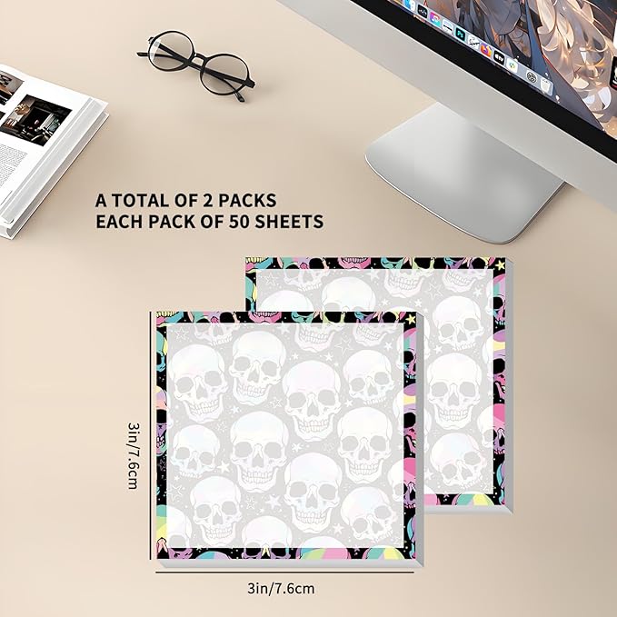 Sticky Notes 3x3 Inches, 2 Pack Cute Colorful Bright Self-Stick Note Pads, Easy to Post for Home, Office, Notebook, Meeting Cute Colorful Skulls