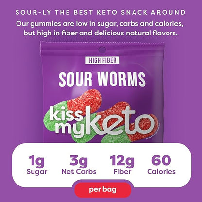 Kiss My Keto Sour Gummy Worms, 8-Pack – Satisfy Cravings while Staying in Ketosis – High Fiber, 3g Net Carbs, Non-GMO, Vegan, & No Gluten – Fruity Sugar Free Gummies