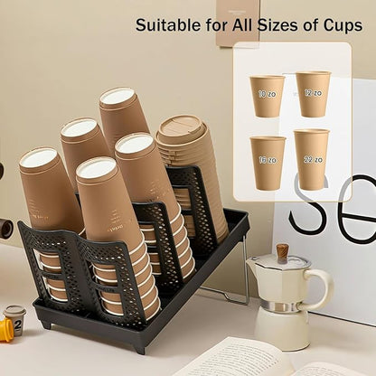 Paper Cup Dispenser, Cup and Lid Holder with 6 Slots, Disposable Coffee Cup Storage Organizer for Countertop, Office, Home, Breakroom, Restaurant, Coffee Station (Black)