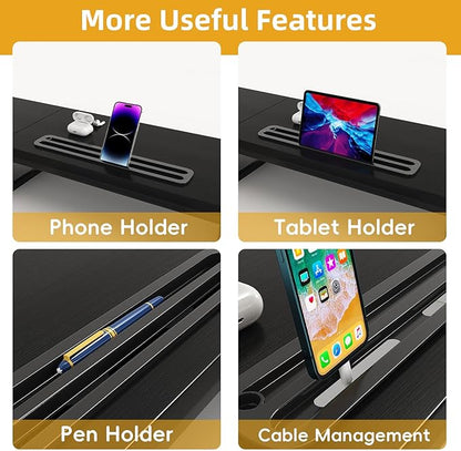 Dual Monitor Stand Riser with 2 Drawers - 39Inch Large Storage Computer Monitor Stands for 2 Monitors, Wooden Desktop Organizer Perfect for Home Office Desk, Computer, Laptop, TV, Black