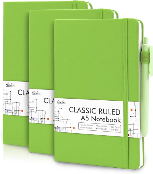 feela 3 Pack Notebooks Journals Bulk, Hardcover Notebook Classic Ruled Lined Journals with Pen Holder for Women Girls School Business Supplies, with 3 Black Pens, 120 GSM, 5.1”x8.3”, A5, Green