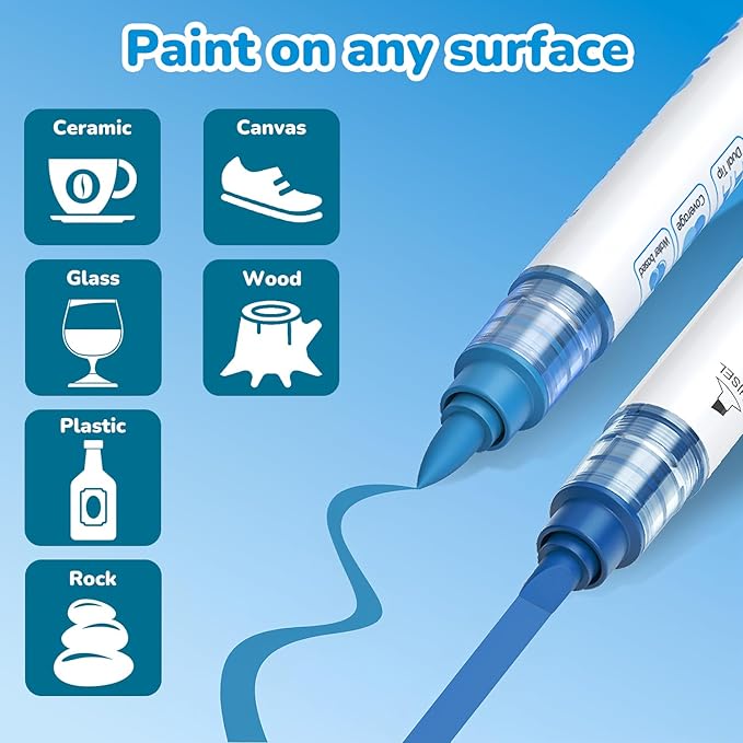 Guangna 12 Blue Dual Tip Acrylic Paint Markers, Brush Tip & Chisel Tip Acrylic Paint Pens for Pumpkin Paint, Rock, Wood, Glass, Paper, Coloring Book, Ceramic, Canvas, Water-Based Ink