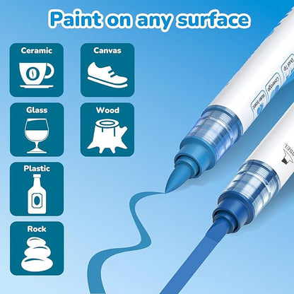 Guangna 12 Blue Dual Tip Acrylic Paint Markers, Brush Tip & Chisel Tip Acrylic Paint Pens for Pumpkin Paint, Rock, Wood, Glass, Paper, Coloring Book, Ceramic, Canvas, Water-Based Ink
