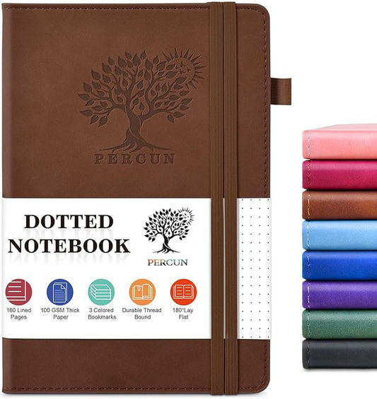Dotted Journal Notebook for Men & Women, 160 Pages Dot Grid notebook for Note Taking, Bullet Journaling Notebook for Work, School, Travel, Writing, A5 Hardcover 5.9" x 8.5"(Brown)