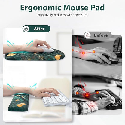 EYROZILL 3 in 1 Ergonomic Mousepad and Keyboard Wrist Rest, Mouse Pad with Wrist Support Massage Design, Keyboard Wrist Rest and Mouse Pad Set for Home Office (Green Bee)