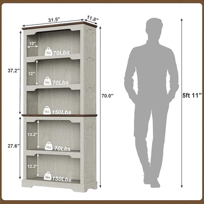 Tall Bookcase, 70 inch Height, 5-Tier Open Storage Shelf, 31.5 in Wide Standing Bookshelves for Home, Office, Bedroom, School, Library, 31.5W * 11.81D *70H (White Espresso, Open Storage)