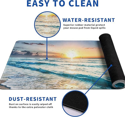Sunrise Beach Mouse Pad Abstract Sea Mouse Pad 31.5x11.8 Inch Japanese Texture Non-Slip Rubber Base Large Mousepad Stitched Edges Keyboard Mouse Mat Desk Pad for Office and Home