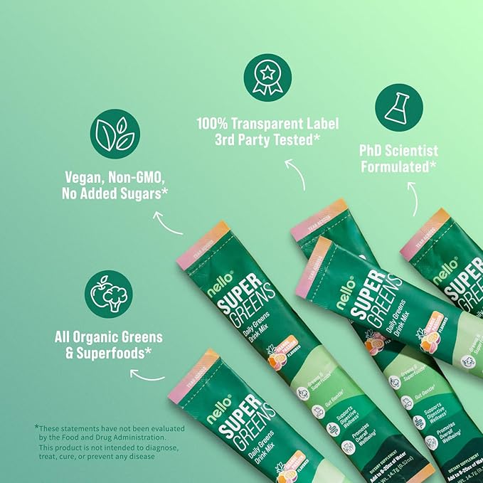 Nello Supergreens Premium Superfood Greens Drink Mix w/Chlorella, Moringa, Spinach & Broccoli + Digestive Enzymes & Probiotic Blend -Nutrient-Packed Powder Wellness (Orange 20 SRV, Travel Pack)