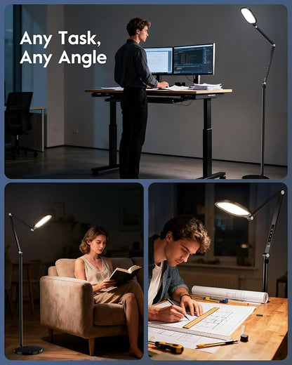 LED Floor Lamp for Office, 30 Lighting Modes Dimmable Standing Lamp with Memory & Timer Function, Soft Eye-Caring Office Lamp, Adjustable Swing Arm Reading Floor Lamp