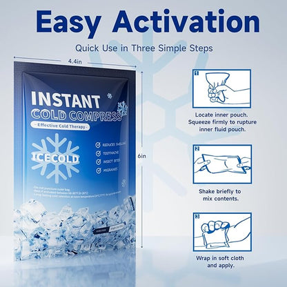 25 Instant Ice Cold Packs, 4.4" x 6" Disposable Ice Packs for Injuries, Pain Relief, No Freeze Needed Cold Compress for First Aid, Athletes
