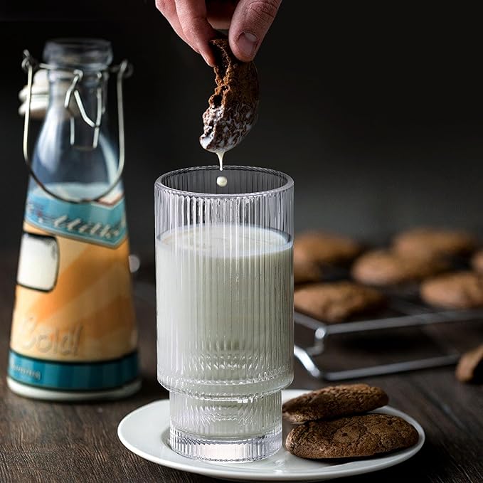 Glass Cups with Lids and Straws - 16 oz Iced Coffee Cups, Vintage Ribbed Drinking Glasses with Bamboo Lids, Glass To-Go Cup, Party, Tumbler for Juice, Beer, Coffee, Milk, Cocktail, Water (4 Pack)