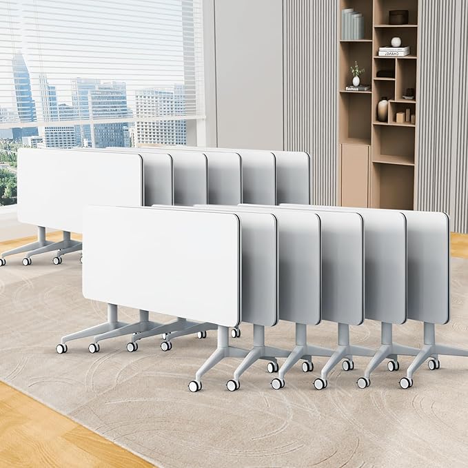 Folding Conference Table, Conference Room Tables Foldable Large Meeting Seminar Table on Wheels,Flip Top Boardroom Training Tables for Office, Classroom,Meeting (12, White, 70.8)