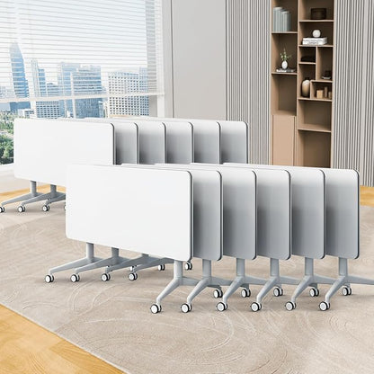 Folding Conference Table, Conference Room Tables Foldable Large Meeting Seminar Table on Wheels,Flip Top Boardroom Training Tables for Office, Classroom,Meeting (12, White, 70.8)