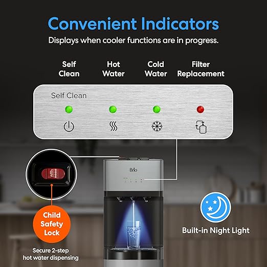 Brio 520 Bottom Load Water Cooler Dispenser for 5 Gallon Bottle w/ 2 Stage Filter | Hot Cold & Room Temp Water Options for Home & Office | Removes Chlorine, VOC's, Bad Taste & Chemicals