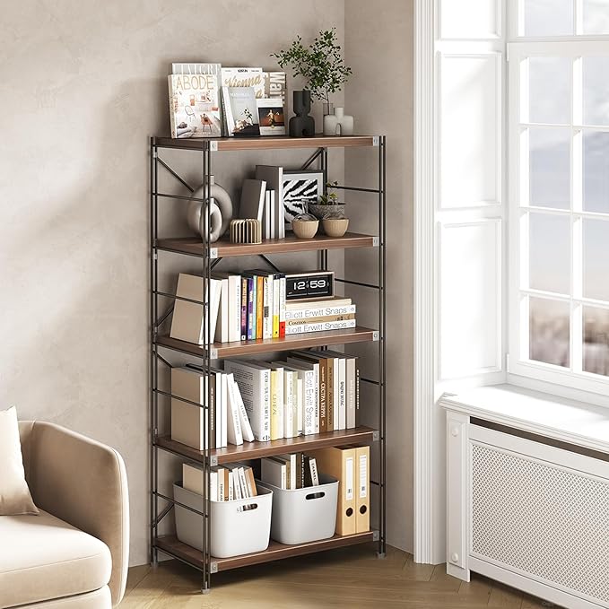 5-Tier Industrial Bookshelf, Modern Metal & Wood Bookcase, Sturdy Storage Rack for Office, Living Room, Bedroom & Study, Open Shelves for Books, Decor & More