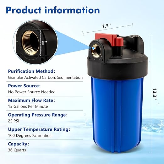 Whole House Water Filter Housing with Activated Carbon Cartridge | Fits 10x4.5" Sediment & Carbon Filters | 1" NPT Ports | Heavy-Duty Pre-Filtration for Well and City Water