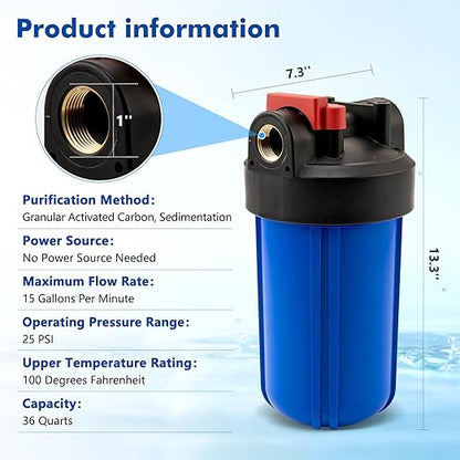 Whole House Water Filter Housing with Activated Carbon Cartridge | Fits 10x4.5" Sediment & Carbon Filters | 1" NPT Ports | Heavy-Duty Pre-Filtration for Well and City Water