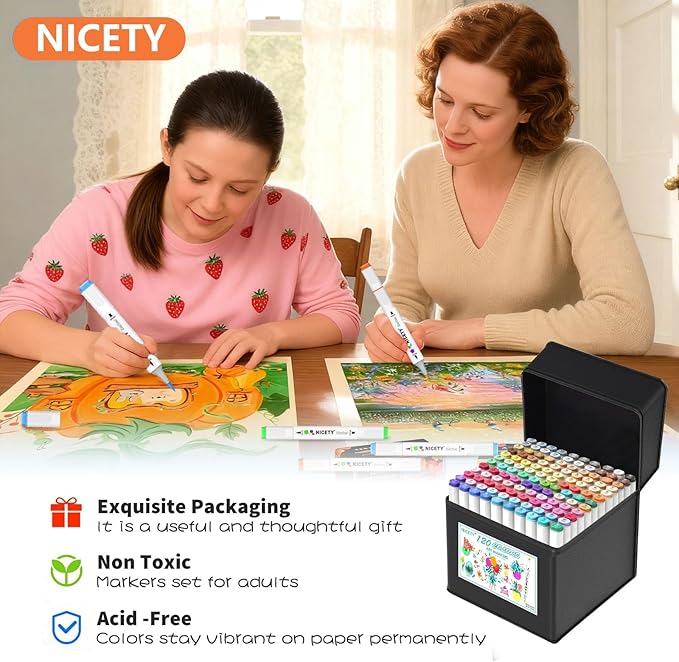 NICETY 120 Colors Alcohol Markers Dual Tip Brush & Chisel – Alcohol Based Art Marker Set for Sketching, Drawing, Coloring, Painting, Illustration – Markers for Artists, Adults, Beginners