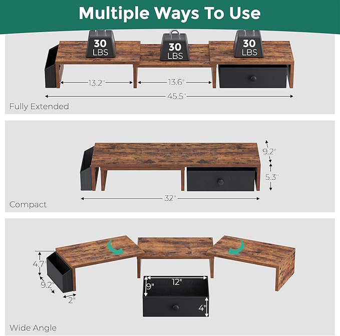 Dual Monitor Stand Riser, Adjustable Length & Swivel Angle Monitor Stand, Ergonomic Monitor Stand with Drawer & Side Pockets, Desktop Organizer and Office Desk Accessories, Rustic Brown