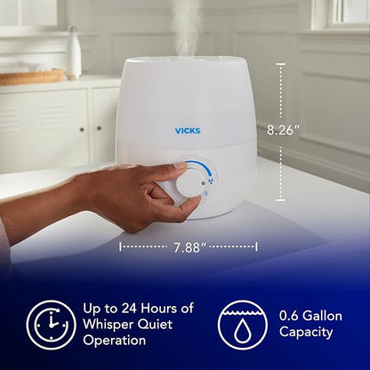 Vicks NaturalCare Cool Mist Ultrasonic Humidifier, Small Room Humidifier for Bedroom, Diffuser with Nighttime Light, Works with Vicks VapoPads, White