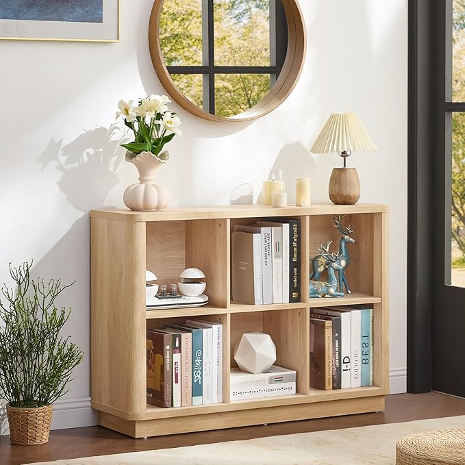 6 Cube Storage Book Shelf, 40" Wide Low Horizontal Bookcase with Curved Edge, Floor Standing 2-Tier Wooden Bookshelf with Base, Modern Short Book Case for Bedroom, Study, Entryway, Natural Oak