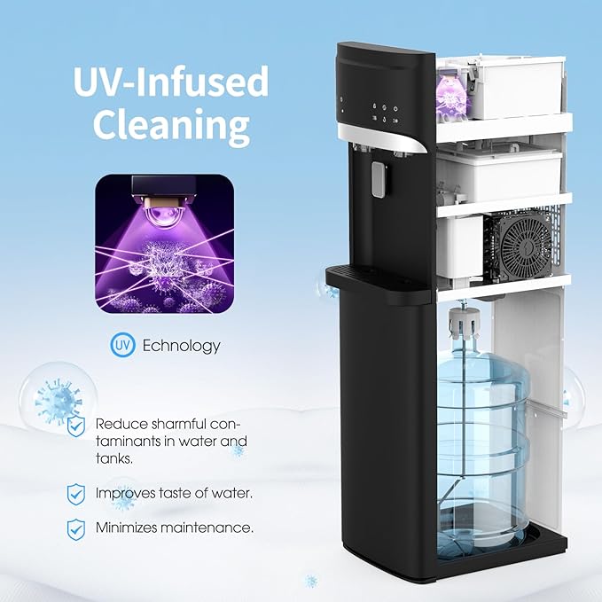 IKT Self-Cleaning Hot and Cold Water Dispenser with Ice Maker Bottom Load for 5 Gallon Bottle 22lbs Daily Capacity Empty Bottle Alert Black