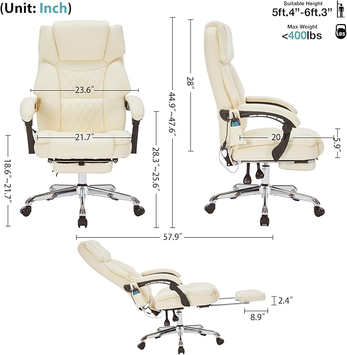 Massage Office Chair with Foot Rest 6 Points Vibration and Heat Home Office Desk Chairs for Heavy People 400lbs Reclining Managerial Chairs Ergonomic Executive Chair (Cream)