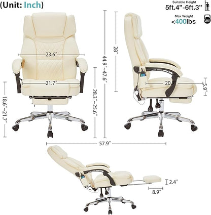 Massage Office Chair with Foot Rest 6 Points Vibration and Heat Home Office Desk Chairs for Heavy People 400lbs Reclining Managerial Chairs Ergonomic Executive Chair (Cream)