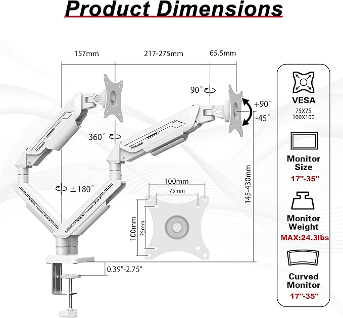 Monitor Arm, Gas Spring Monitor Stand for 17-35 Inch Screens up to 24.3 lbs, Adjustable Mount with C-Clamp & Grommet Base, Ergonomic Computer Mount (Dual Arm White)