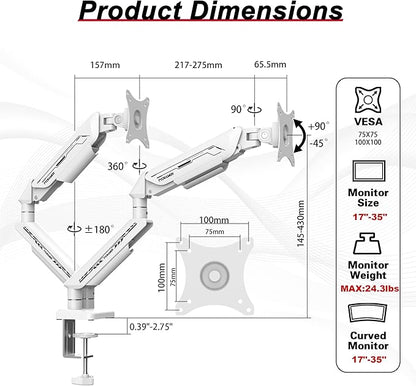 Monitor Arm, Gas Spring Monitor Stand for 17-35 Inch Screens up to 24.3 lbs, Adjustable Mount with C-Clamp & Grommet Base, Ergonomic Computer Mount (Dual Arm White)
