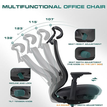 COLAMY Ergonomic Mesh Office Chair,High Back Computer Executive Desk Chair,Lumbar Support with Adjustable Headrest and 4D Arms, Slide Seat, Tilt Lock-Black