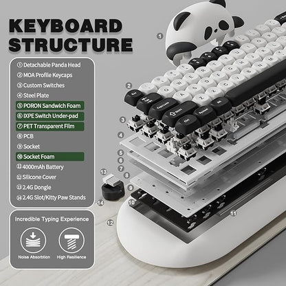 YUNZII C68 Panda Wireless Mechanical Gaming Keyboard, 68 Keys Cute Layout with PBT Keycaps,RGB Backlit, Hot Swappable,Creamy Switches,BT5.0/2.4G/Wired for Win/Mac(White,Panda Switch)