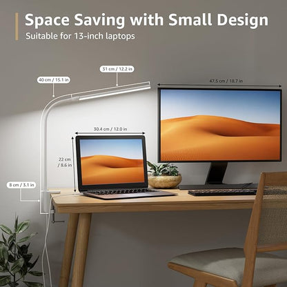 Lepro Small Desk Lamp with Clamp, LED Reading Lamps with 450LM, 3 Color Modes 10 Brightness, Dimmable USB Clip on Desk Light with Gooseneck Swing Arm for Nail, Home Office and Dorm (White)