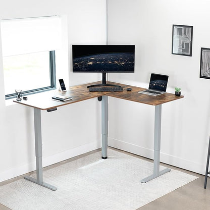 VIVO Electric Corner 63 x 55 inch L-Shaped Standing Desk, Memory Height Adjustment, Rustic Vintage Brown Top Gray Frame, DESK-E3CTGN