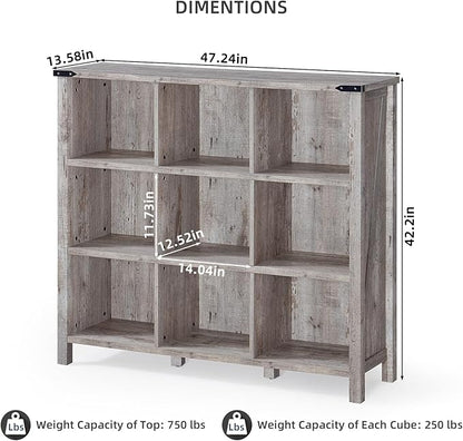 9 Cube Bookcase, Farmhouse 47 Inch Wide Grey Oak Bookshelf, Wooden 3 Tier Display Large Open Book Shelf, Vintage Horizontal Book Case for Home Office, Cubby Storage Cabinet for Living Room