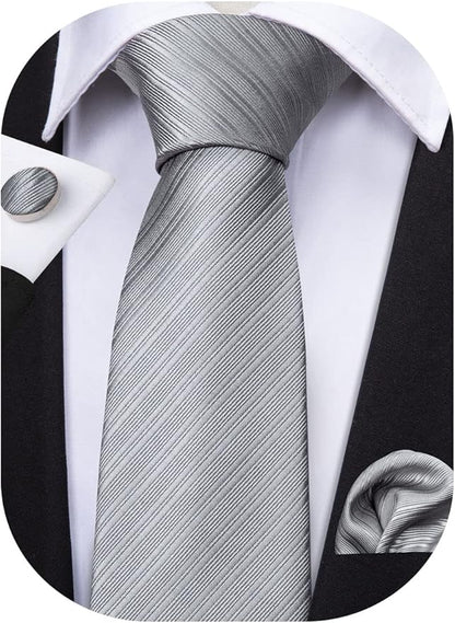 Barry.Wang Tie Sets for Men Silk Solid Necktie Stain Ties Handkerchief Pocket Square Cufflinks Wedding Business Dyed