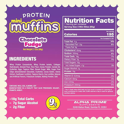 Prime Bites Minis | Protein Mini Muffins from Alpha Prime Supplements | High Protein, Collagen Fortified Low Sugar Treat | Delicious Snack | 12 Packs per Box - Chocolate Fudge