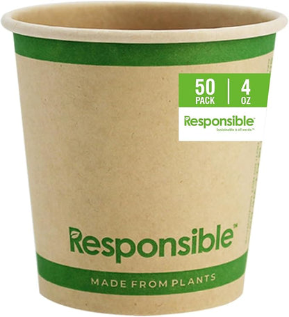 Responsible Products Certified Compostable 4 oz Paper Cups, Cold ＆ Hot Coffee Cups, Disposable Paper Cups, Extra Strength Disposable Cups, Made without PFAS (50 count)