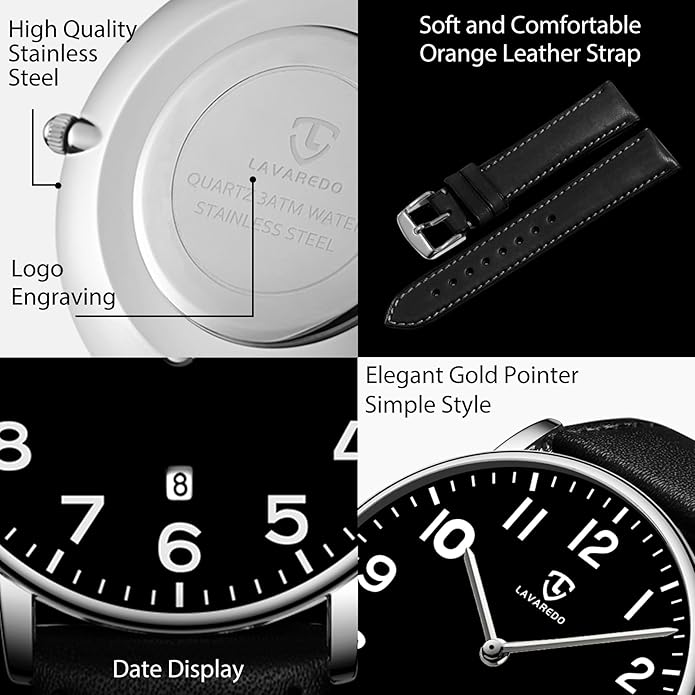 L LAVAREDO Watch for Men, Extremely Thin Mens Watches Minimalist Analog Men's Leather Wrist Watches with Time/Date, Birthday Gift for Men Boyfriend