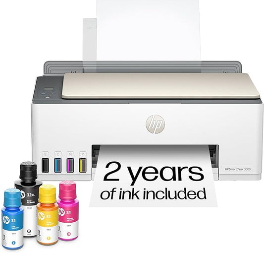 HP Smart Tank 5000 Wireless All-in-One Ink Tank Printer, Scanner, Copier with 2 years of ink included, Best-for-home, Refillable, AI-enabled (5D1B6A)