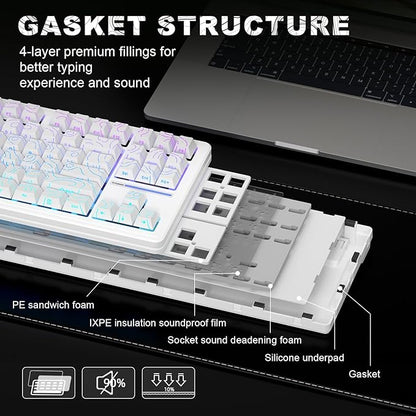 YUNZII YZ87 Gasket Mechanical Keyboard,TKL Wireless Hot Swappable with 5-Layer Padding, BT5.0/2.4G/USB-C NKRO RGB Backlit for Win/Mac(White Line, Milk Switch)