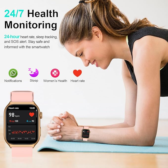 Digital Watch with 2" HD Color Screen, 45 Days Long Battery, IP68 Waterproof, Answer/Make Call/Quick Reply/AI Voice Assistant, 100+ Sport Modes, Health Fitness Tracker for Android and iOS (Pink)