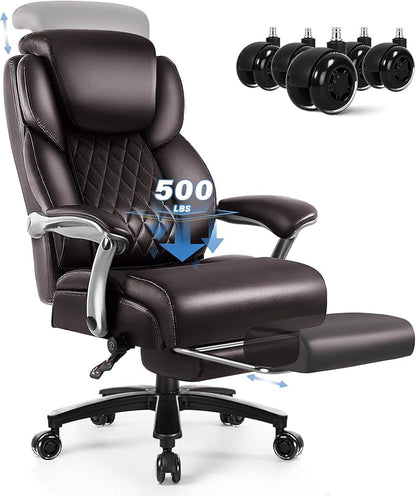 OFIKA 600lbs Big and Tall Office Chair with Foot Rest and Lifting Headrest,Large Heavy Duty Chair with Adjustable Lumber Support,Executive Office Chair,Leather Chair for Heavy People (Brown)
