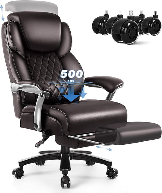OFIKA 600lbs Big and Tall Office Chair with Foot Rest and Lifting Headrest,Large Heavy Duty Chair with Adjustable Lumber Support,Executive Office Chair,Leather Chair for Heavy People (Brown)