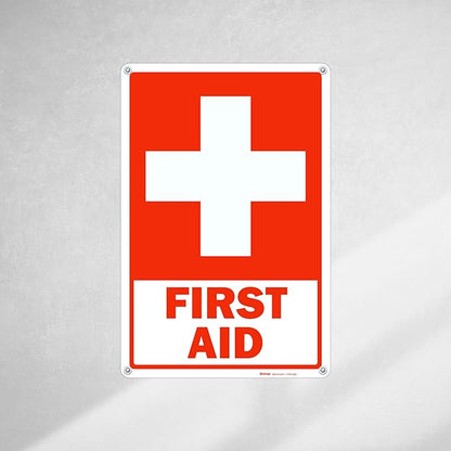 Brimar - 12 x 18" - First Aid Sign - .063″ White Rust-Free Aluminum - Clear Message - Large Size
