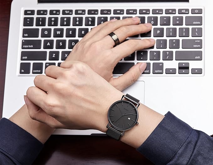BUREI Men Watches Brown Leather Fashion Minimalist Wrist Watch Simple Ultra Thin Waterproof Quartz Watches All Black Stainless Steel Mesh Band,Gift for Men Women