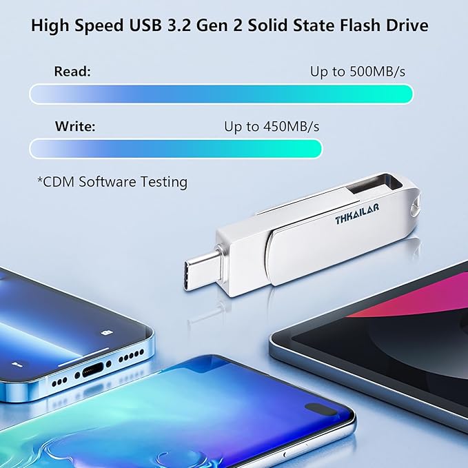 Thkailar USB C Flash Drive 1TB,2 in 1 USB A to Type C Thumb Drive, Read Up to 500MB/s Memory Stick Dual Ports,USB 3.2 Flash Drive for iPhone 15/16/17, Android Phone,Computer,MacBook,Tablet,Laptop