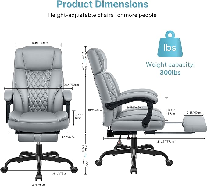 Executive Leather Office Chair, Big and Tall Office Chair with Footrest Home Office Desk Chairs, Ergonomic Computer Desk Chair with Lumbar Support, Reclining Desk Chair with Adjustable Angle